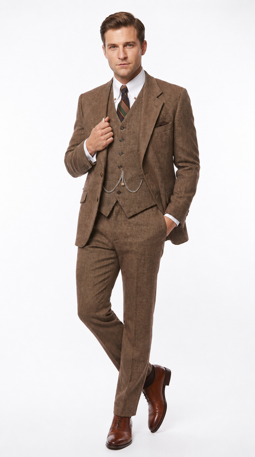 Men’s Light Brown Great Gatsby Tweed Herringbone Vested Suit, Tobey Maguire Inspired 1920s Formal Outfit
