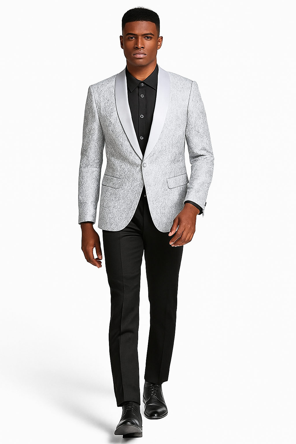 Men’s Silver Grey Tonal Paisley Tuxedo Jacket – Slim Fit Wedding & Prom Blazer - Large
