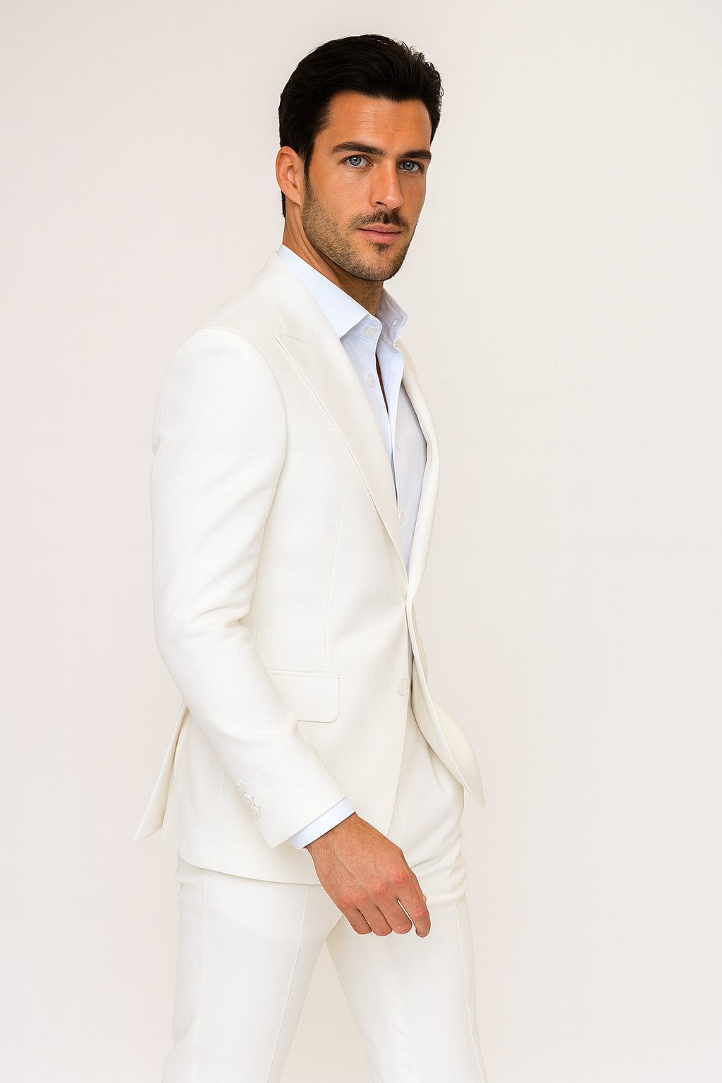 Seersucker Suit Peak Lapel Suit in Color "White" - Summer Fabric Tone on Tone Shadow Stripe By Rossiman - 34 Short or Extra Small