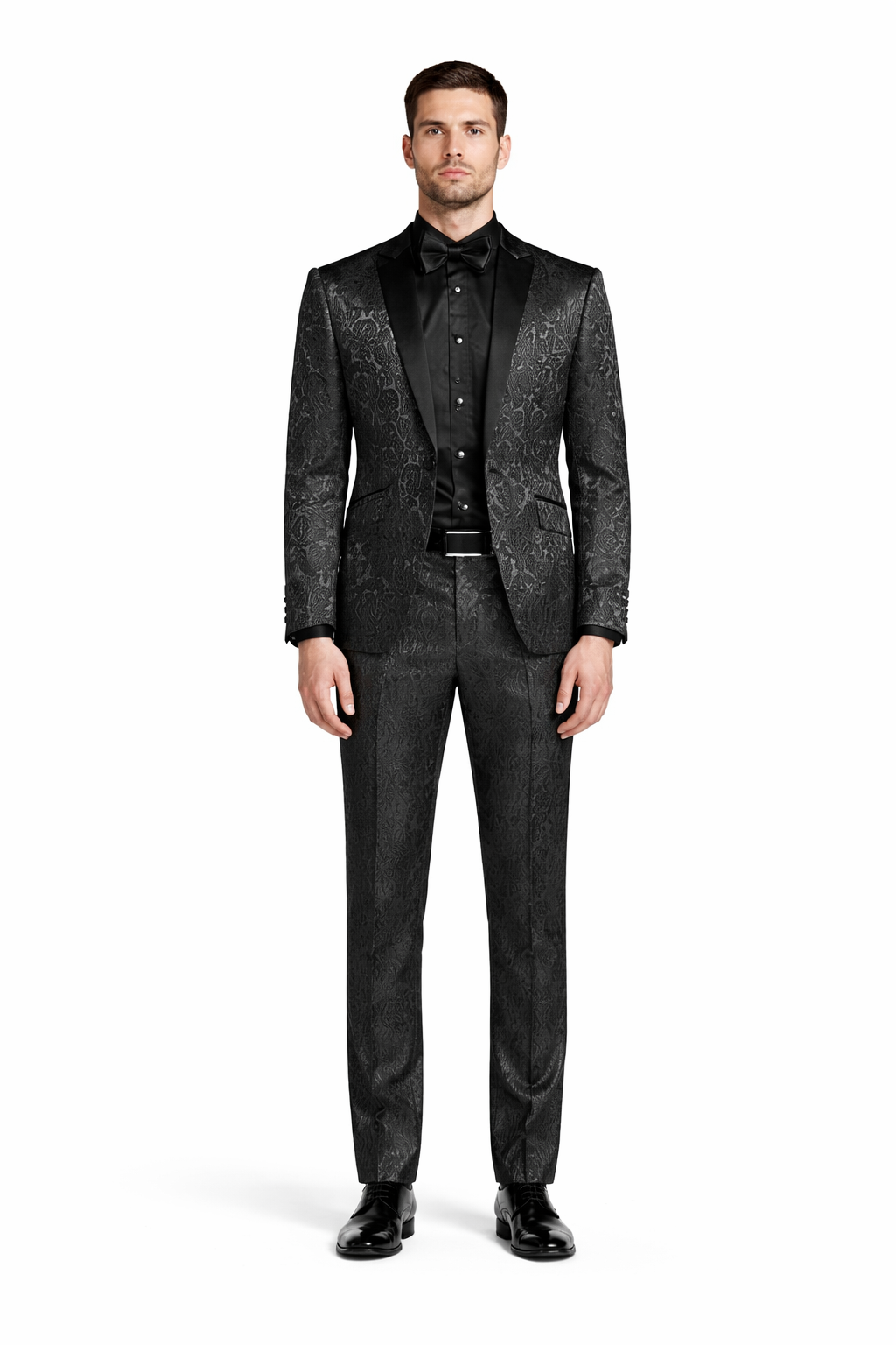 Cheap priced Suit- Men's One Button Slim Fit Paisley Wedding & Prom 2026 Black Tuxedo