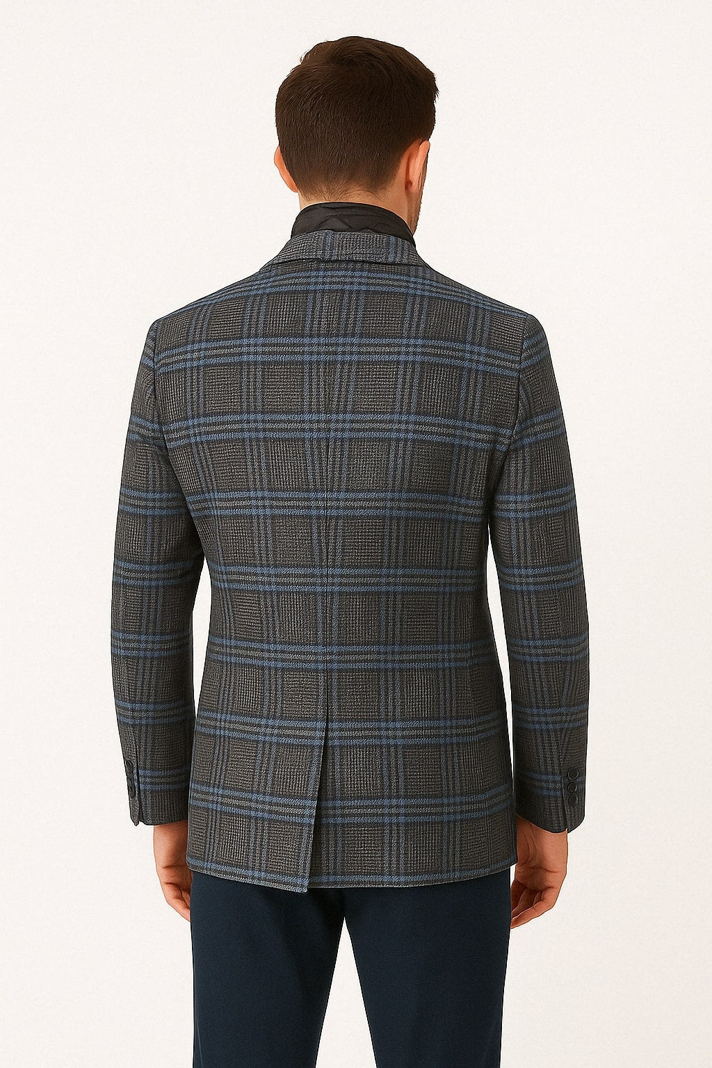 Men’s Blue & Grey Checkered Wool Blazer with Quilted Inner Layer – Alberto Nardoni Collection - 36 Short