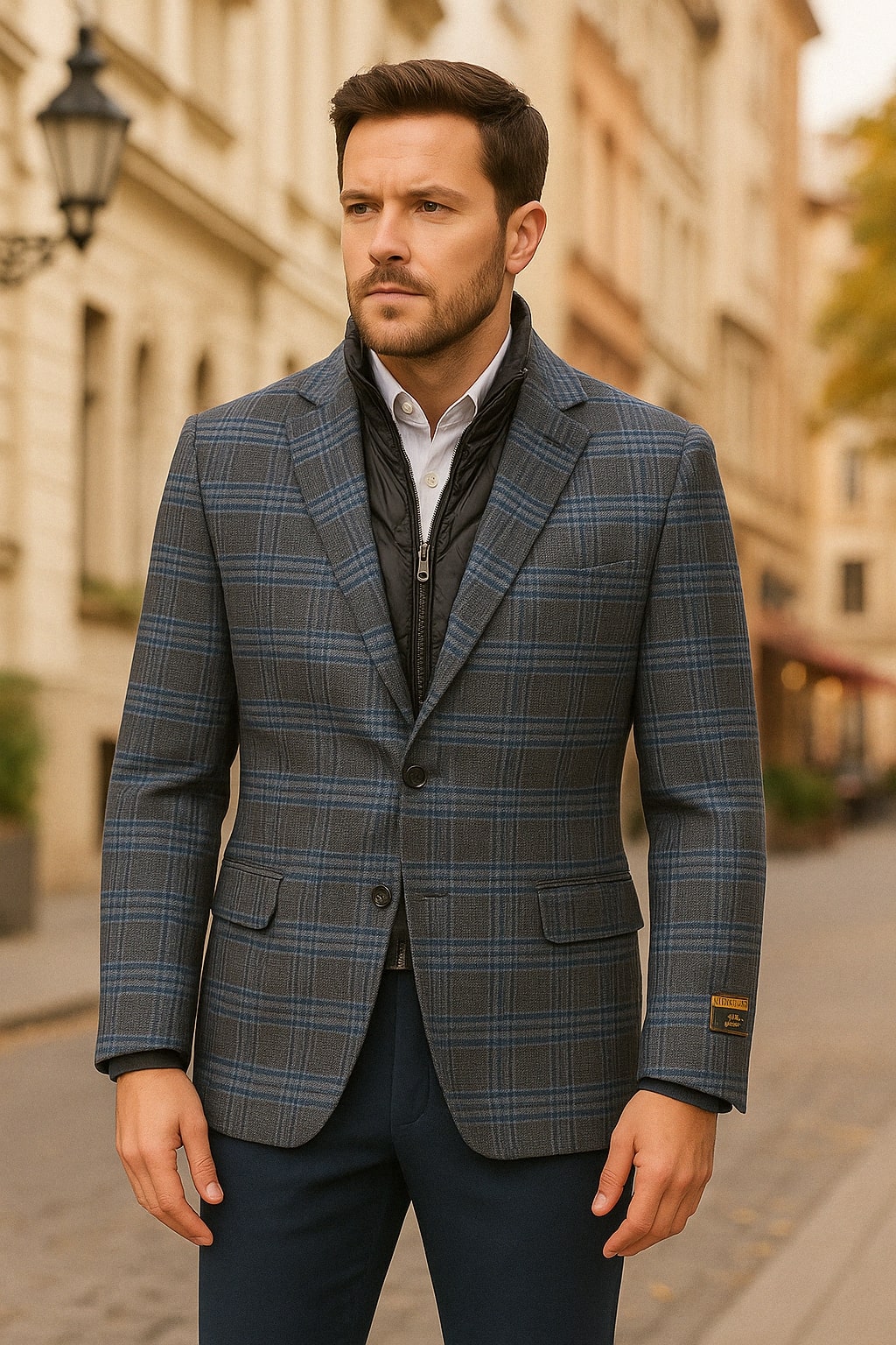 Men’s Blue & Grey Checkered Wool Blazer with Quilted Inner Layer – Alberto Nardoni Collection - 36 Short