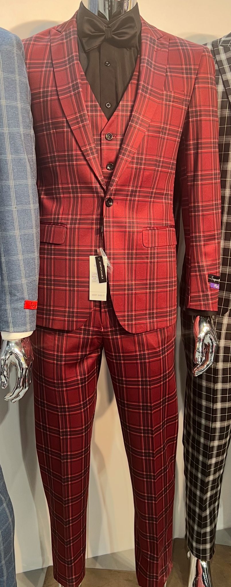 Mens Burgundy Plaid Three-Piece Suit – Ultra Slim Fit Checkered Windowpane Redish 544-10 - 34 Short or Extra Small