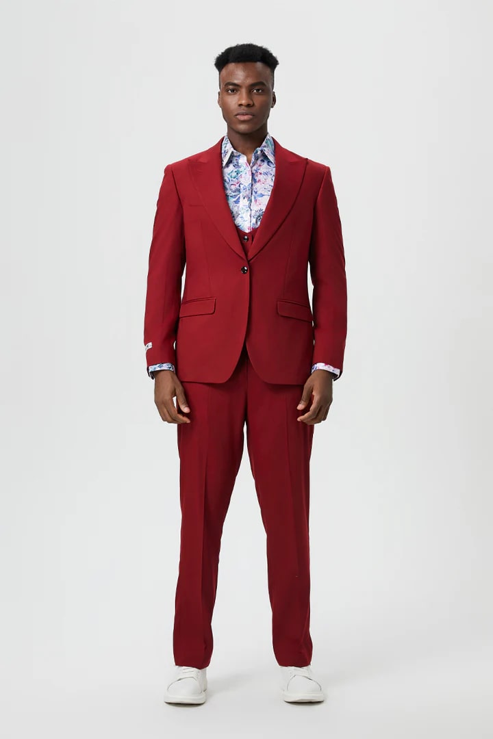 Cheap priced Suit - Men's Vested One Button Peak Lapel Stacy Adams Designer Cherry Red Suit - 38 Short Jacket+32 Waist Adjustable 28to34)(Height: 5 4 to5 7 )(Neck  15-16.5)S-M)