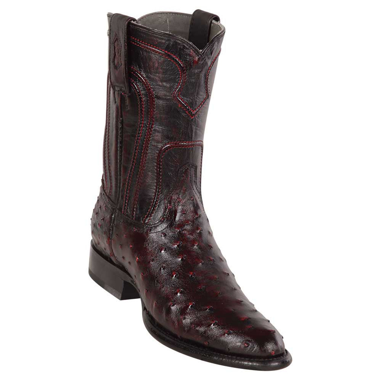 Los Altos Men's Genuine Full Quill Ostrich Cherry Black Roper Toe Boots - 6