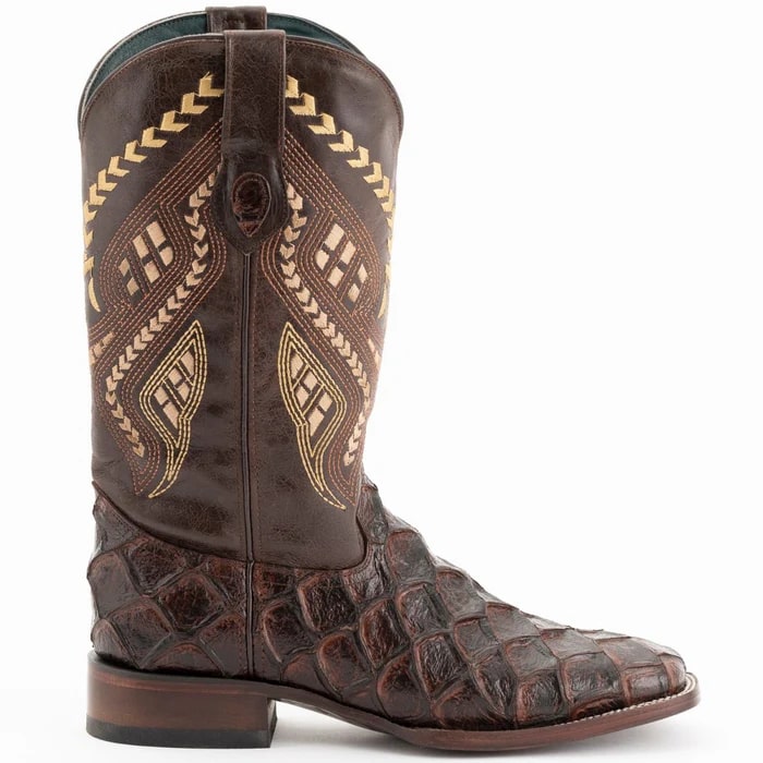 Ferinni Boot - Mens Dress Cowboy Boot - Ferrini Bronco Men's Print Pirarucu Fish Boots Handcrafted Chocolate in Chocolate - 8