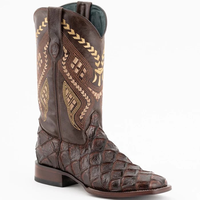 Ferinni Boot - Mens Dress Cowboy Boot - Ferrini Bronco Men's Print Pirarucu Fish Boots Handcrafted Chocolate in Chocolate - 8