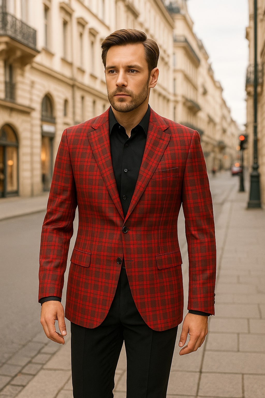 Mens Red Plaid Modern Fit Windowpane Check Blazer - Christmas Holiday Sport Coat Tartan Look - 36 Short