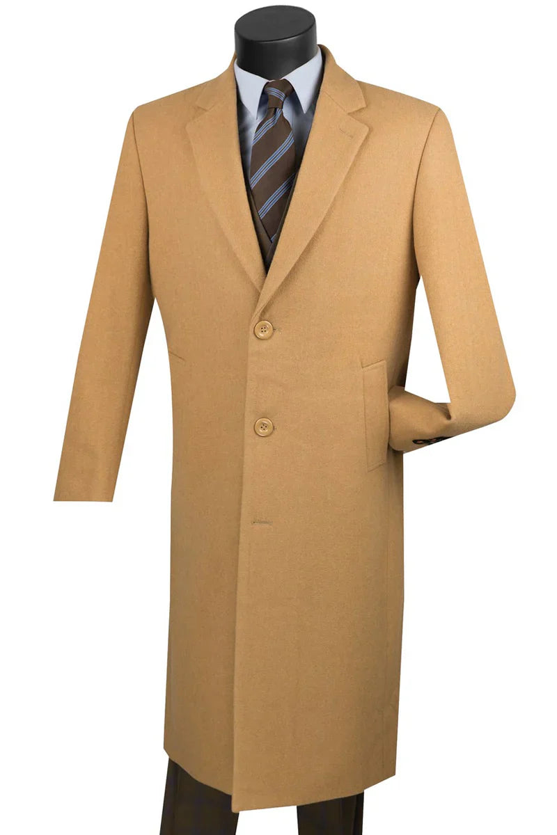 Men's Camel Wool & Cashmere Overcoat – Classic Full Length Topcoat - Small