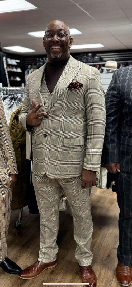 Mens Beige Plaid 3-Piece Suit Classic Checkered Suit for Weddings, Church Vested Checkered Pattern