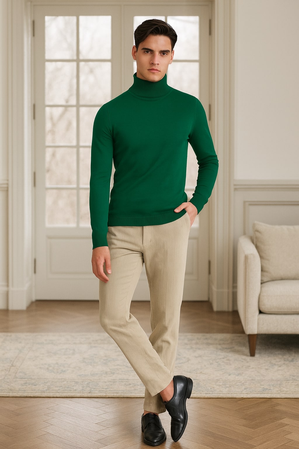 Mens Classic Emerald Green Turtleneck Sweater – Slim Fit Knit Pullover - S