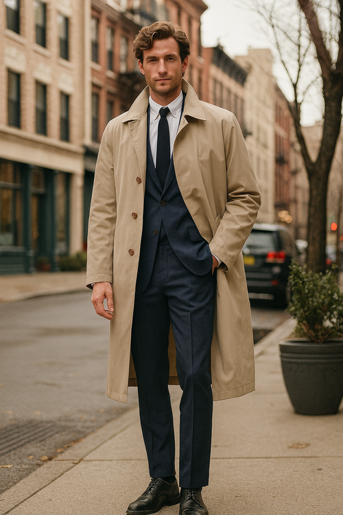 Mens Beige Trench Coat Classic Long Overcoat with Button Front - Raincoat in Khaki Color