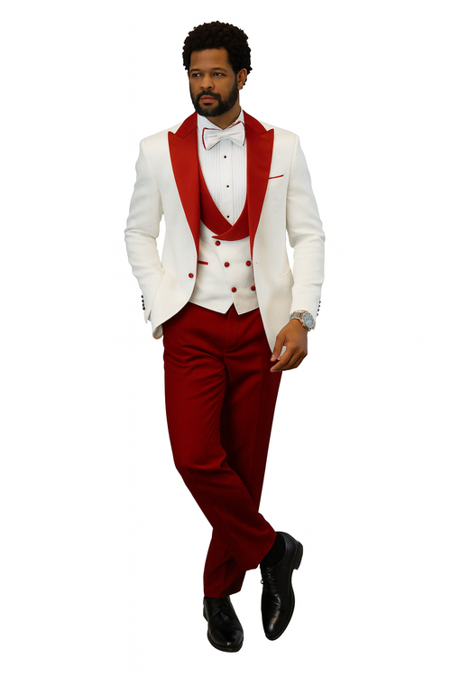 Hilton White and Red Paisley Peak Lapel Tuxedo Jacket with Matching Shawl Vest and Wool Pants Includes Bow Tie