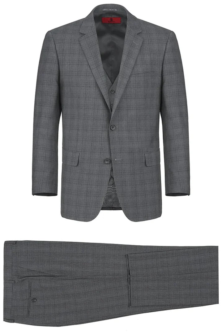 Cheap priced Suit - Mens Two Button Classic Fit Vested Charcoal Grey Suit Windowpane Plaid