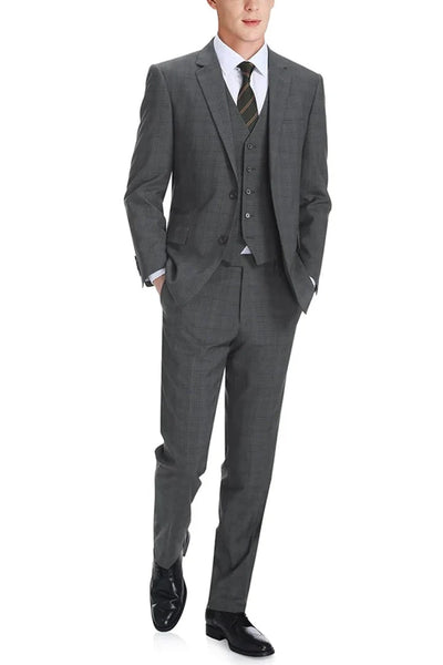Cheap priced Suit - Mens Two Button Classic Fit Vested Charcoal Grey Suit Windowpane Plaid