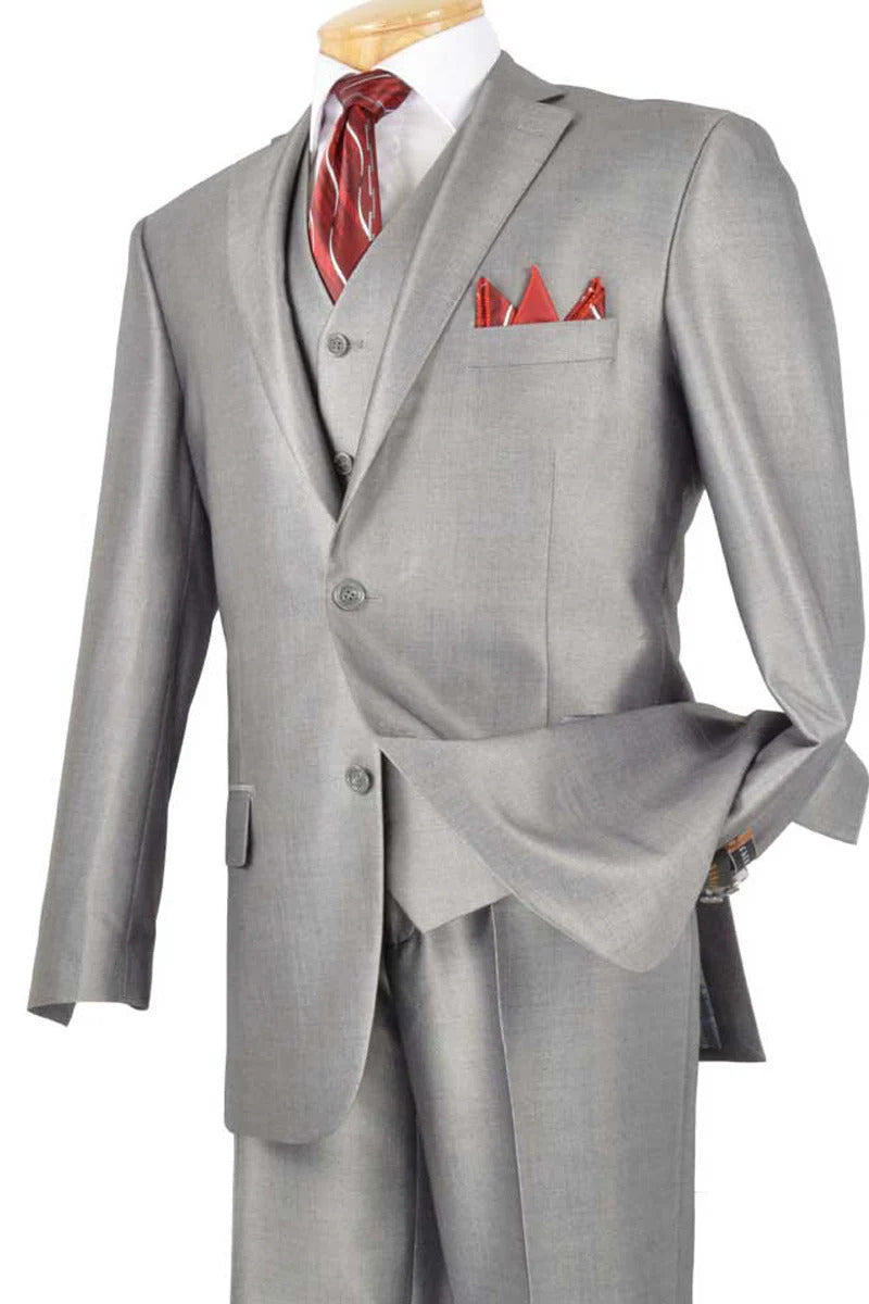 Mens Classic Vested Shiny Sharkskin Suit in Grey