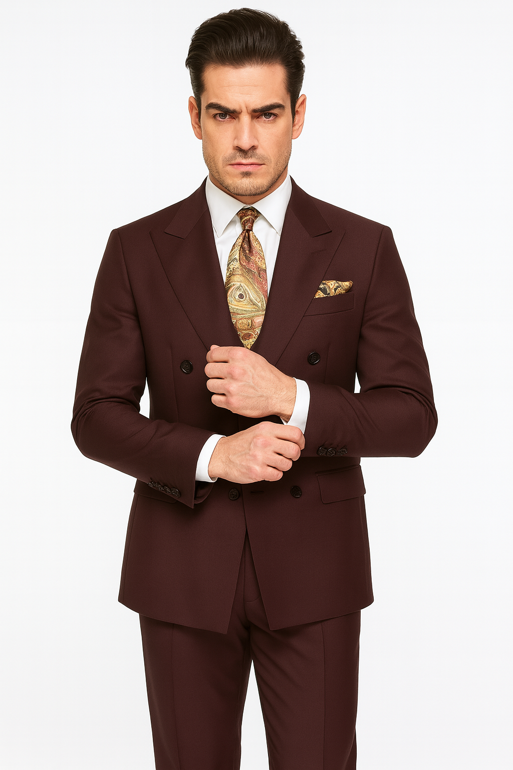 Double Breasted Suits - Vested Suits Wool Fabric - Apolo King Brand - Solid Brown Suit - Coat Size 38