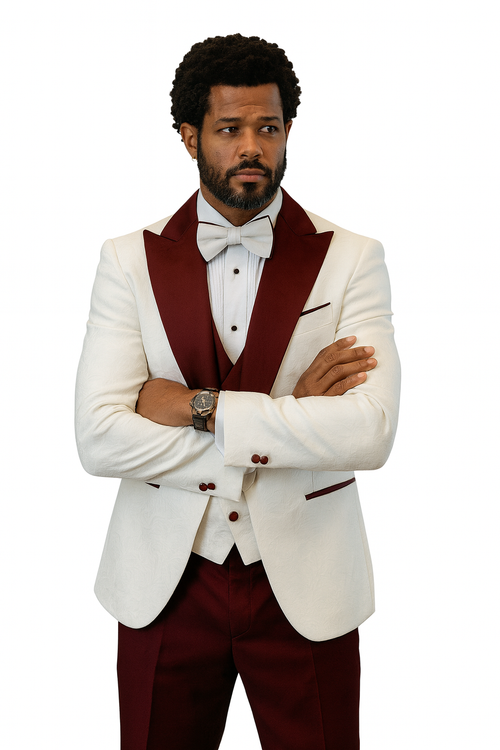 Hilton White and Burgundy Paisley Peak Lapel Tuxedo Jacket with Matching Shawl Vest and Wool Pants Includes Bow Tie