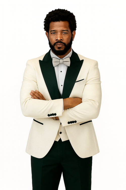 Hilton White and Black Paisley Peak Lapel Tuxedo Jacket with Matching Shawl Vest and Wool Pants Includes Bow Tie