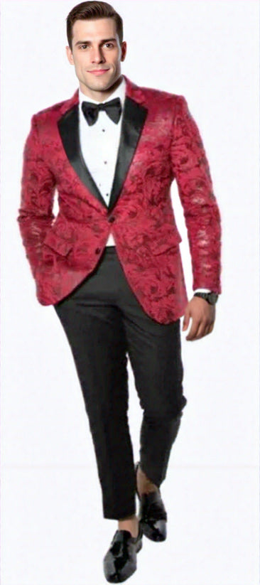 Red Paisley Hybrid Fit Tuxedo Jacket By Stacy Adams - Wedding - Prom 2025 - Coat Size 38