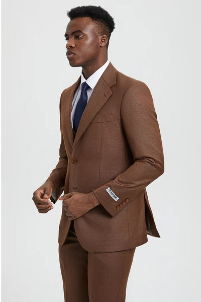 Cheap Priced Suit - Men's Two Button Vested Stacy Adams Designer Sharkskin Cognac Suit