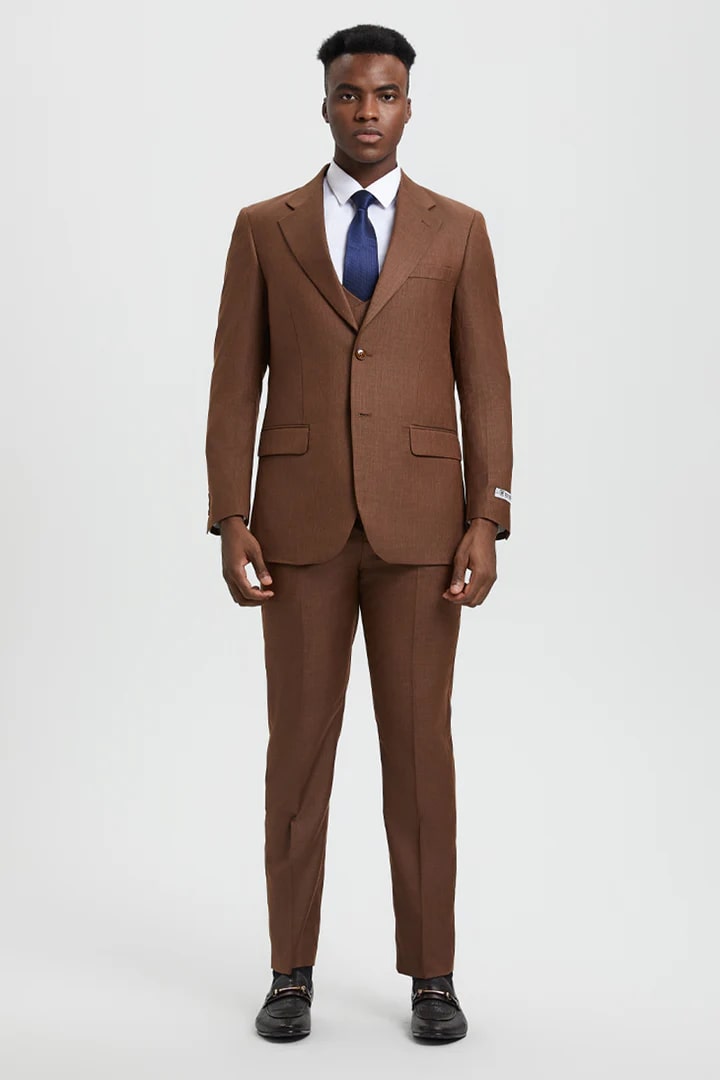 Cheap Priced Suit - Men's Two Button Vested Stacy Adams Designer Sharkskin  Cognac Suit - 38 Short Jacket+32 Waist Adjustable 28to34)(Height: 5 4 to5 7 )(Neck  15-16.5)S-M)