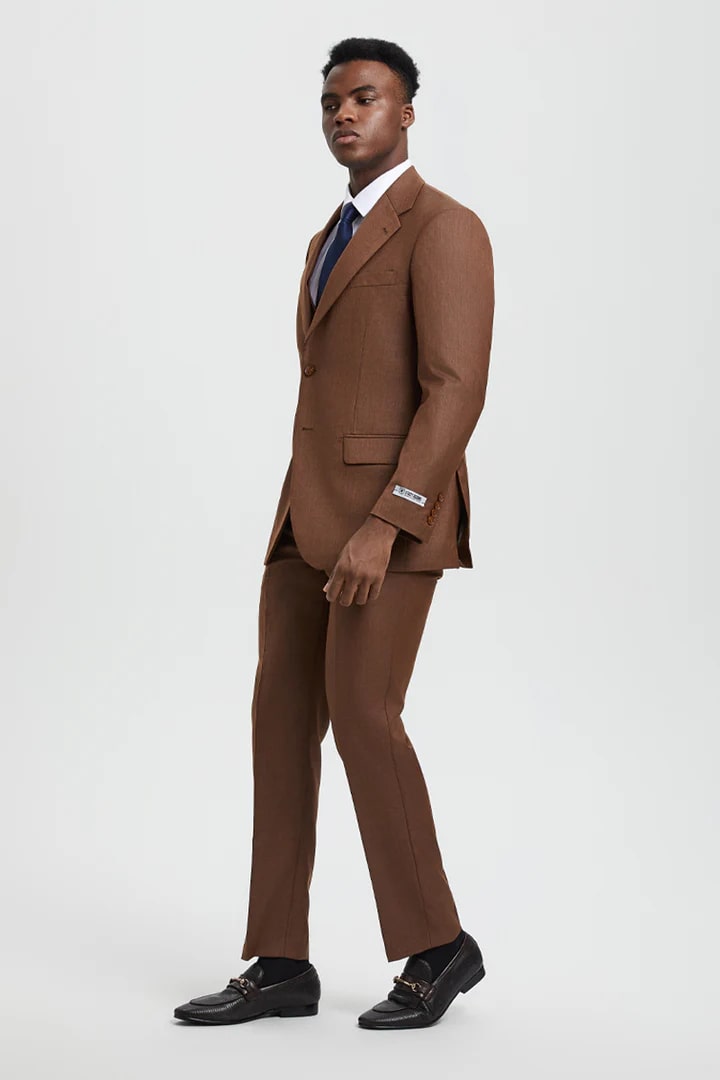 Cheap Priced Suit - Men's Two Button Vested Stacy Adams Designer Sharkskin  Cognac Suit - 38 Short Jacket+32 Waist Adjustable 28to34)(Height: 5 4 to5 7 )(Neck  15-16.5)S-M)