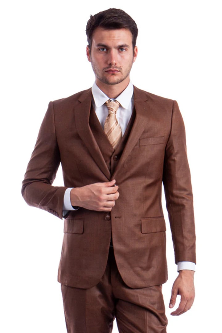 Cheap priced Suit - Men's Two Button Hybrid Fit Vested Sharkskin Wedding & Business Cognac Suit