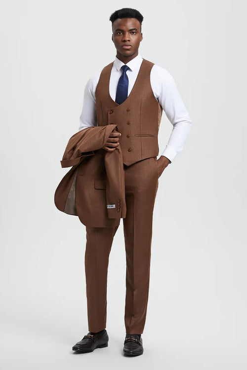 Cheap Priced Suit - Men's Two Button Vested Stacy Adams Designer Sharkskin Cognac Suit