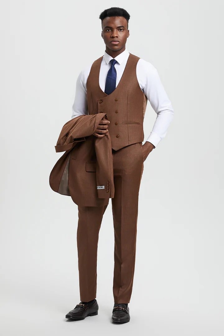 Cheap Priced Suit - Men's Two Button Vested Stacy Adams Designer Sharkskin  Cognac Suit - 38 Short Jacket+32 Waist Adjustable 28to34)(Height: 5 4 to5 7 )(Neck  15-16.5)S-M)