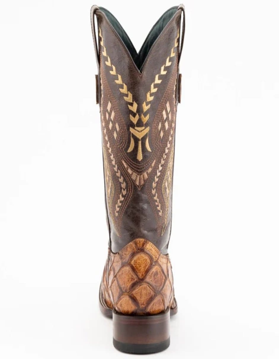 Ferrini Bronco Men's Print Pirarucu Fish Boots Handcrafted Cognac - 8D