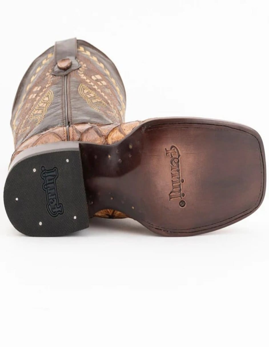 Ferrini Bronco Men's Print Pirarucu Fish Boots Handcrafted Cognac - 8D