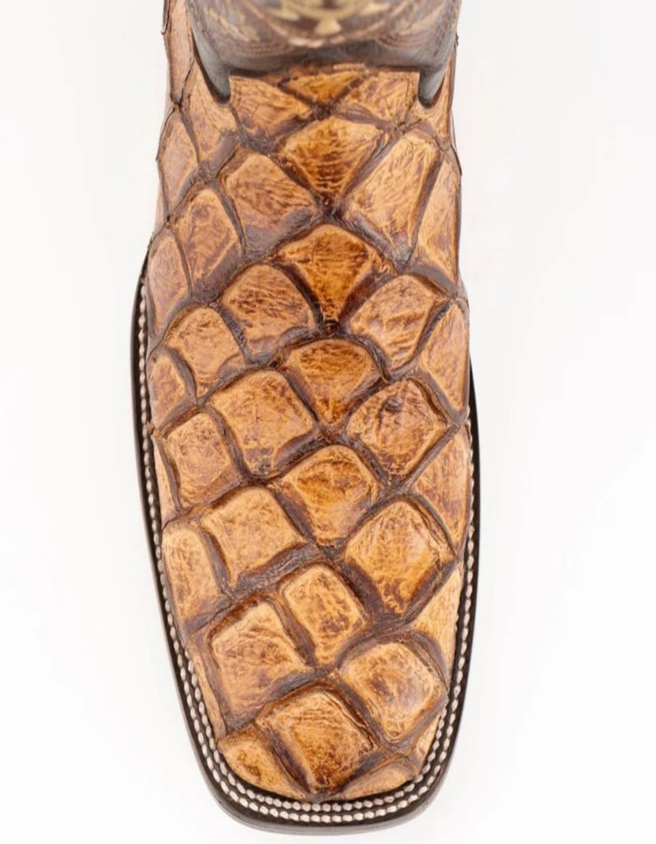 Ferrini Bronco Men's Print Pirarucu Fish Boots Handcrafted Cognac - 8D