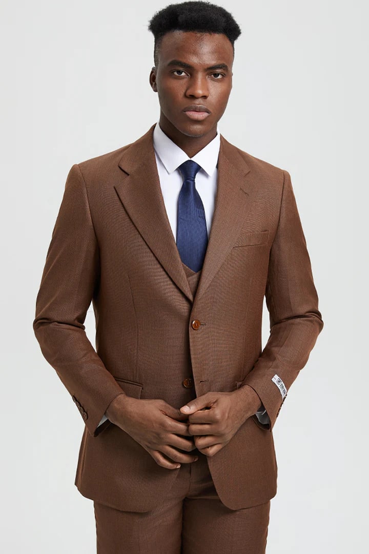 Cheap Priced Suit - Men's Two Button Vested Stacy Adams Designer Sharkskin  Cognac Suit - 38 Short Jacket+32 Waist Adjustable 28to34)(Height: 5 4 to5 7 )(Neck  15-16.5)S-M)