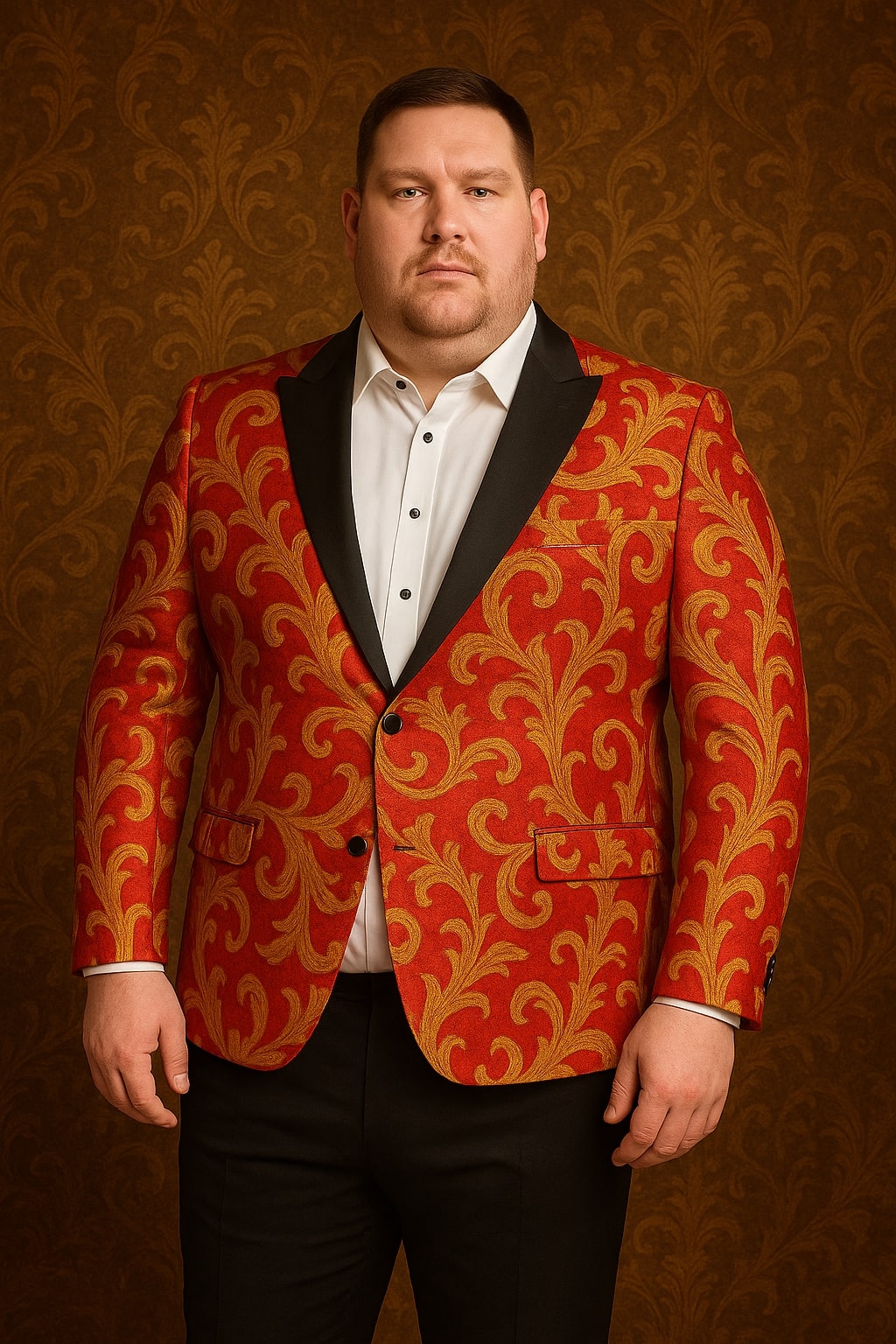 Men's Red and Gold Baroque Tuxedo Jacket with Black Satin Shawl Lapel - 34 Short or Extra Small