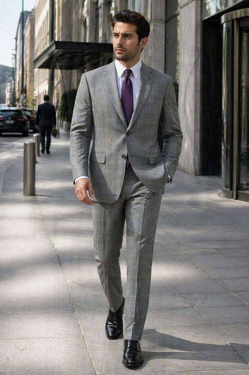 Mens 2 Button Peak Lapel Modern Plaid Suit in Grey