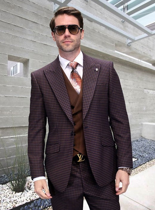 Brown Plaid Suit - Copper - Orange - Rust Color Double Breasted Vest Windowpane Pattern Suit - Wool Suit - Peak Lapel Side Vented Modern Fit - Coat Size 38