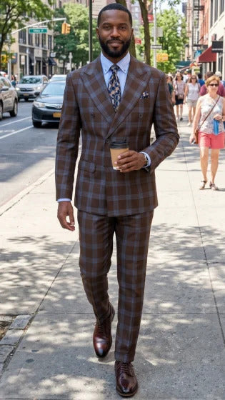 Statement Men's 2 Piece 100% Wool Double Breasted Plaid Suit - Modern Fit