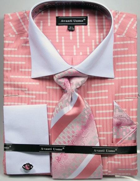 Unique Broken Stripe Pattern Neck Coral Dress Shirt - 20.5" Neck/36-37" Sleeve