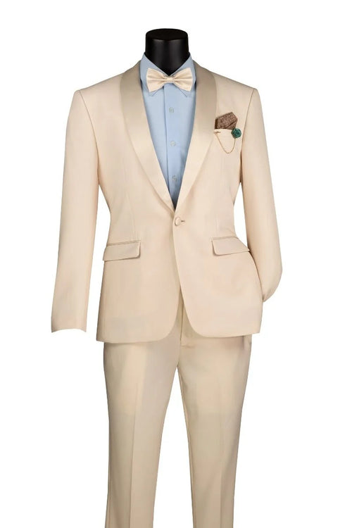 Cream Tuxedo Suit for Men One Button Satin Lapel Formal Suit - Champagne Color Light Tan Tuxedo