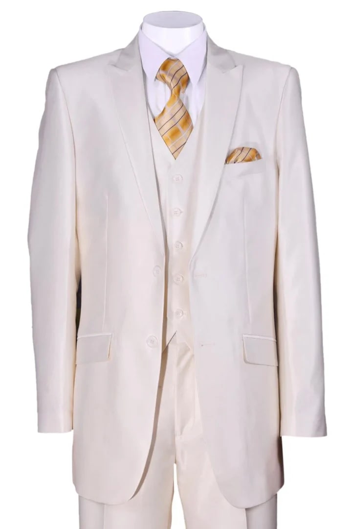 Cheap Priced Suit - Mens 2 Button Vested Slim Fit Shiny Sharkskin Cream Suit - 38 Short Jacket+32 Waist Adjustable 28to34)(Height: 5 4 to5 7 )(Neck 15-16.5)S-M)