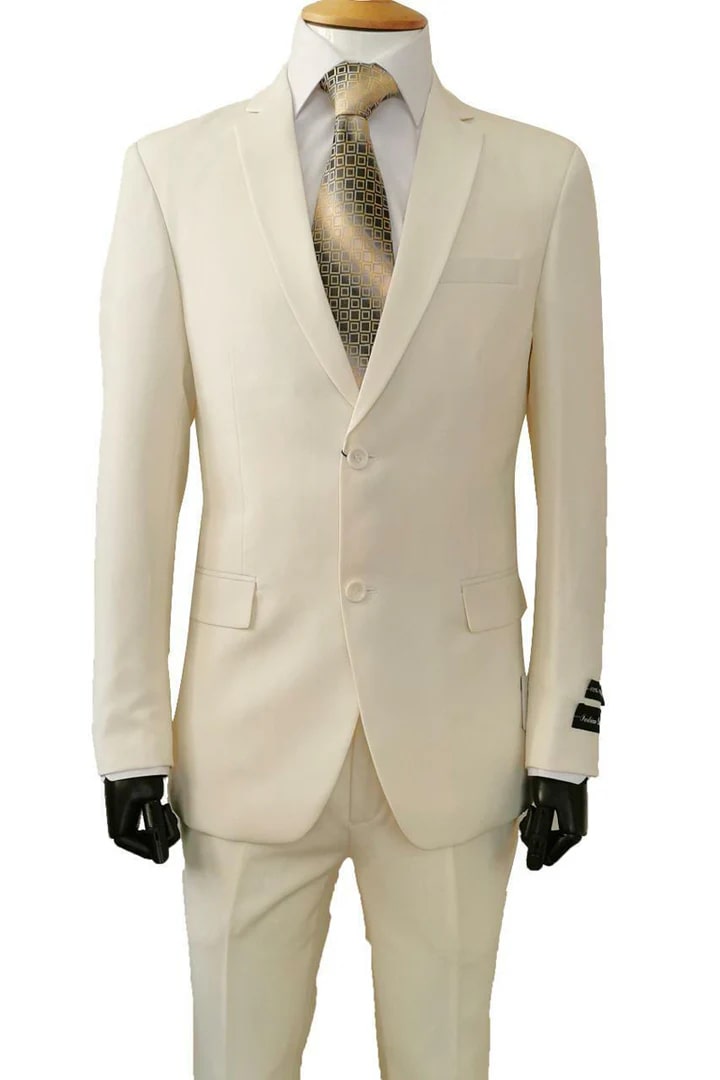 Cheap Priced Suit- Mens 2 Button Slim Fit Poplin Basic Cream Suit