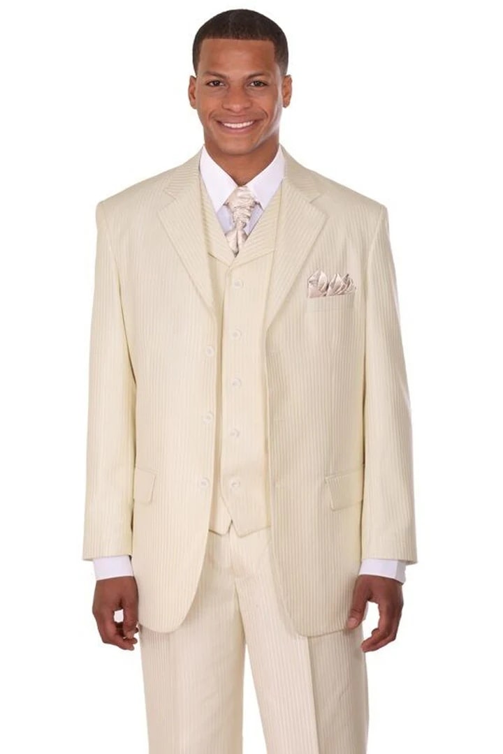 Cheap Priced Suit- Mens 3 Button Vested Shiny Sharkskin Narrow Pinstripe Cream Suit - 38 Short Jacket+32 Waist Adjustable 28to34)(Height: 5 4 to5 7 )(Neck 15-16.5)S-M)