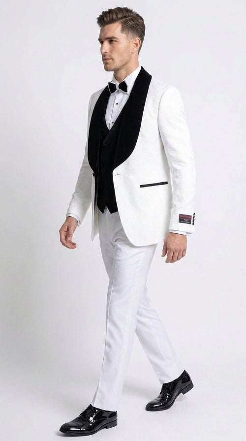 Gianni Men’s White 3 Piece Tuxedo with Black Velvet Lapel, Tailored Fit Formal Wedding Prom Suit