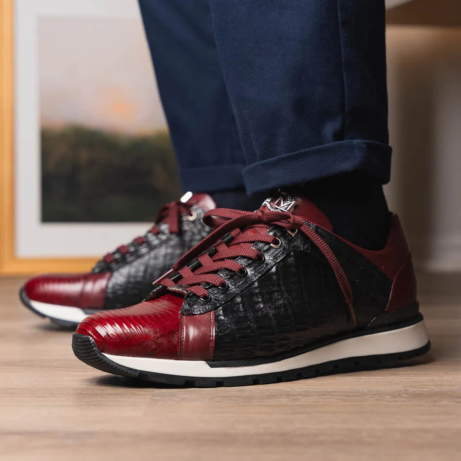 Marco Di Milano Portici Men's Shoes Wine & Black Exotic Lizard / Crocodile Casual Sneakers - 8