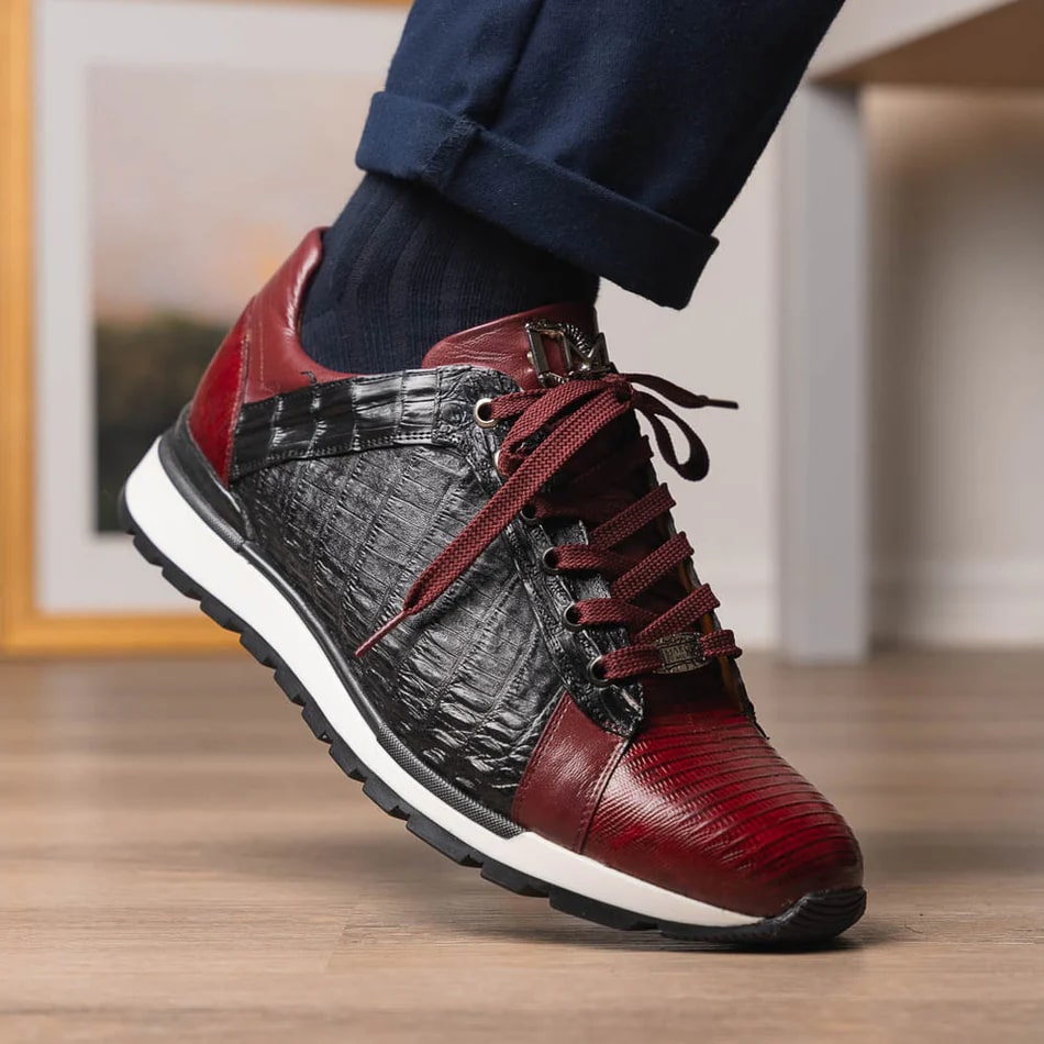 Marco Di Milano Portici Men's Shoes Wine & Black Exotic Lizard / Crocodile Casual Sneakers - 8