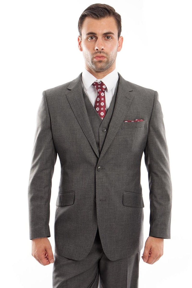 "Charcoal Grey Men's Designer Wool Suit - Modern Fit, Two Button Vested" - 34 Short