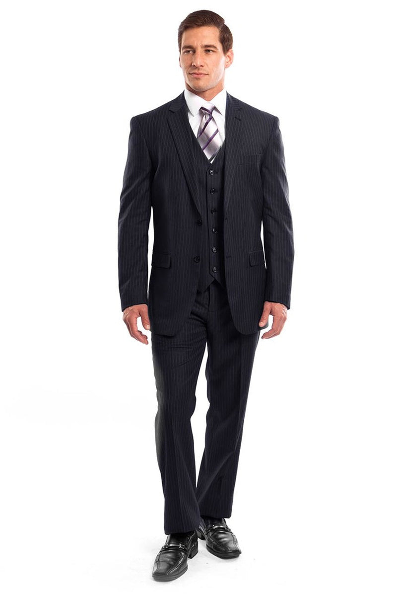 "Men's Navy Blue Pinstripe Business Suit - Two Button Vested Style"
