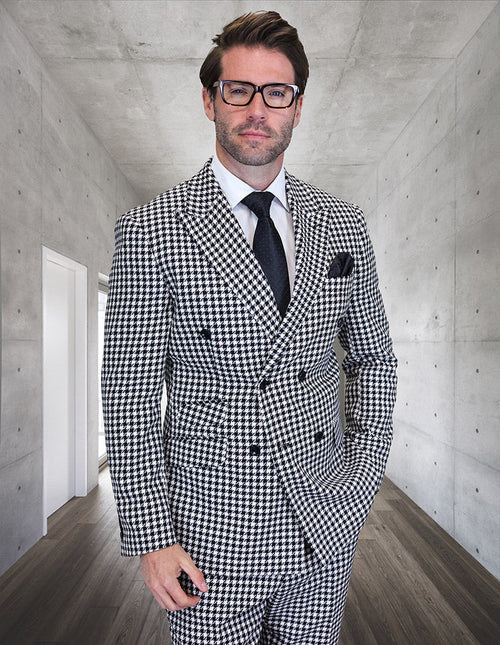 Double Breasted Suits - Vested Suits Wool Fabric - Black Houndstooth Suit