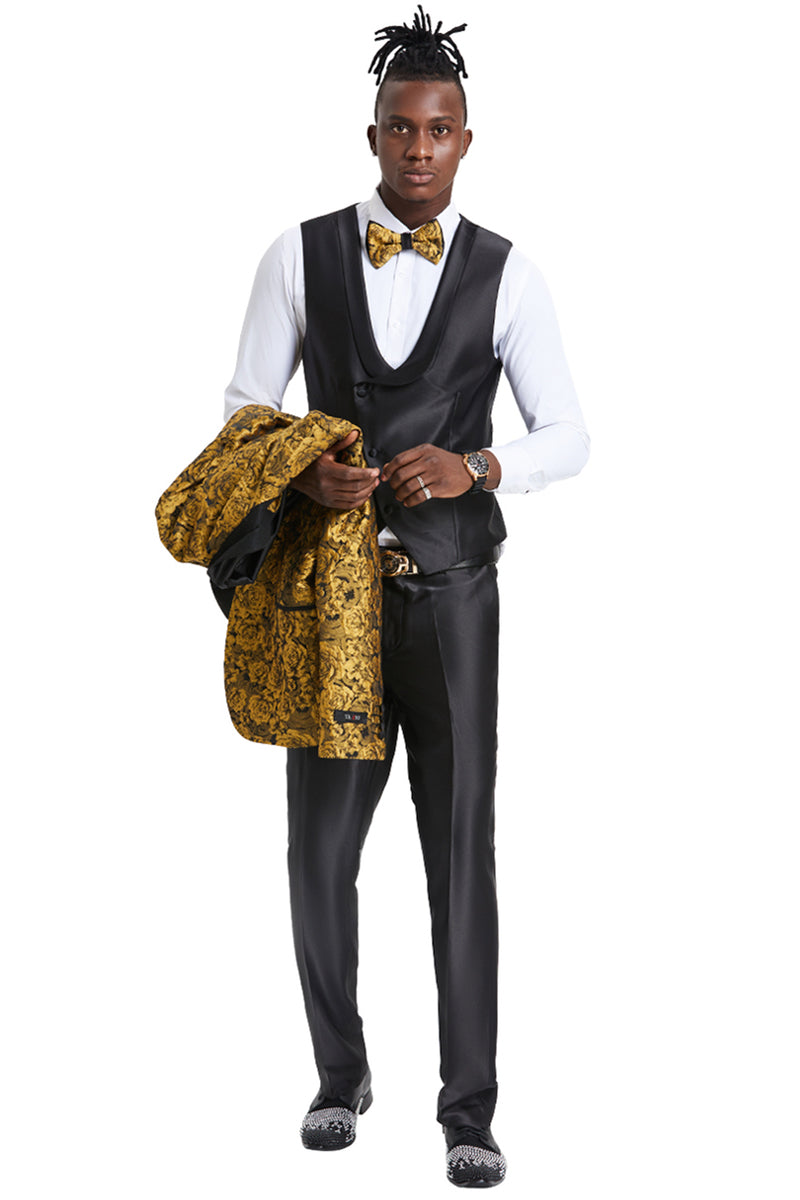 "Gold Paisley Floral Men's Slim Fit Prom 2025 Tuxedo - One Button Vested" - 34 Short